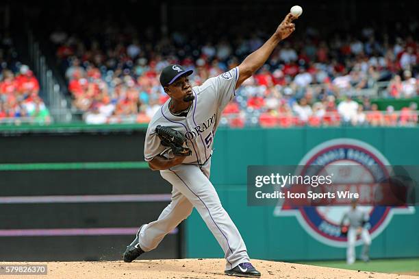 Colorado Rockies starting pitcher Yohan Flande pitches against the Washington Nationals at Nationals Park in Washington, D.C. Where the Colorado...