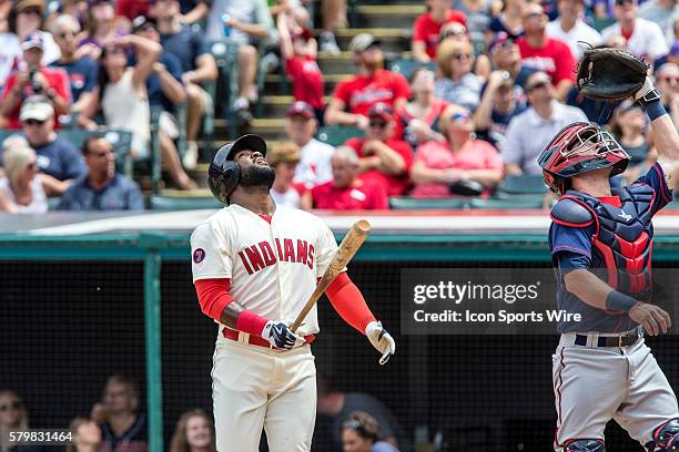 Cleveland Indians Outfield Abraham Almonte [8171] and Minnesota Twins Catcher Chris Herrmann [7327] watch as a ball that Almonte hit sails into the...