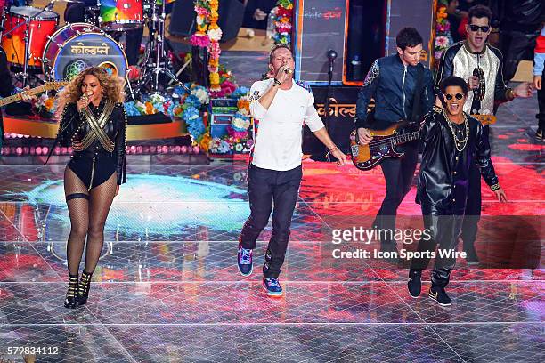 Beyonce, Chris Martin and Bruno Mars perform during the Pepsi Super Bowl 50 Halftime at Levi's Stadium in Santa Clara, California.