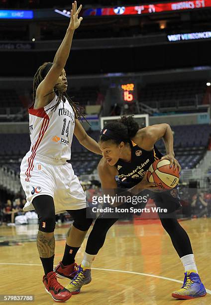 Washington Mystics guard Tierra Ruffin-Pratt blocks Indiana Fever guard Marissa Coleman during a WNBA game at Verizon Center, in Washington D.C....