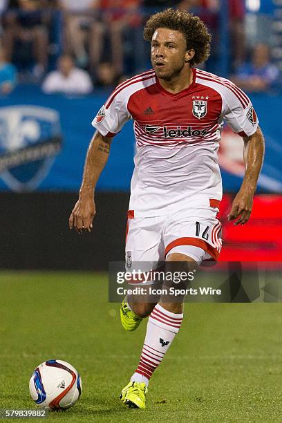 United midfielder Nick DeLeon controls the ball during a MLS game between the D.C. United and the Montreal Impact at the Saputo Stadium in Montreal,...
