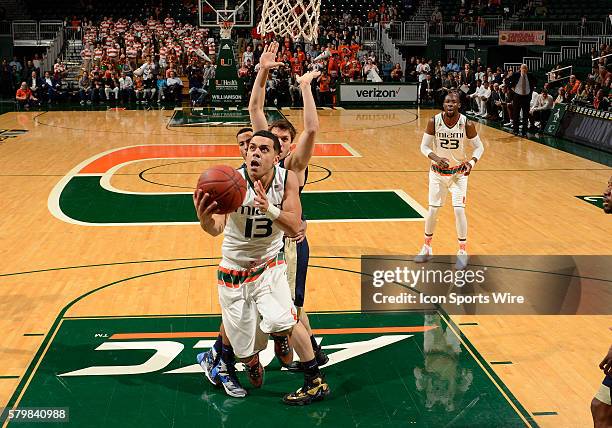 University of Miami guard Angel Rodriguez shoots against the University of Pittsburgh in Miami's 65-63 victory at BankUnited Center, Coral Gables,...