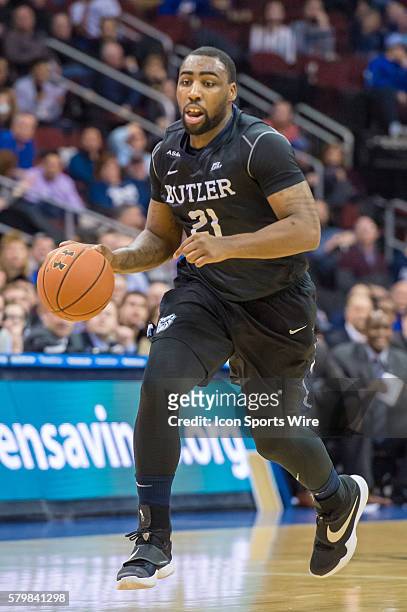Butler Bulldogs forward Roosevelt Jones brings the ball up court during the first half of the NCAA Big East Conference game between Butler and Seton...