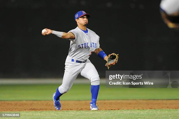 Stockton Ports shortstop Franklin Barreto throws to first base during the game between the Stockton Ports and the Bakersfield Blaze at Sam Lynn in...