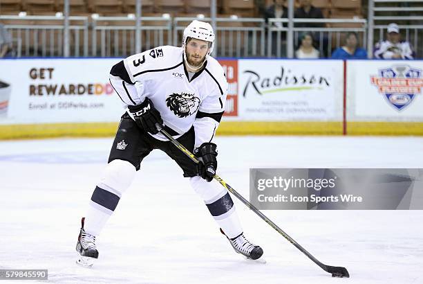 Manchester Monarchs defenseman Derek Forbort holds the puck. The Manchester Monarchs defeated the Hartford Wolf Pack 3-2 in Game 1 of the Eastern...