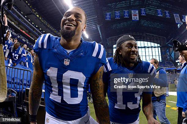 Indianapolis Colts wide receiver T.Y. Hilton and Indianapolis Colts wide receiver Donte Moncrief celebrate after the game in action during the NFL...