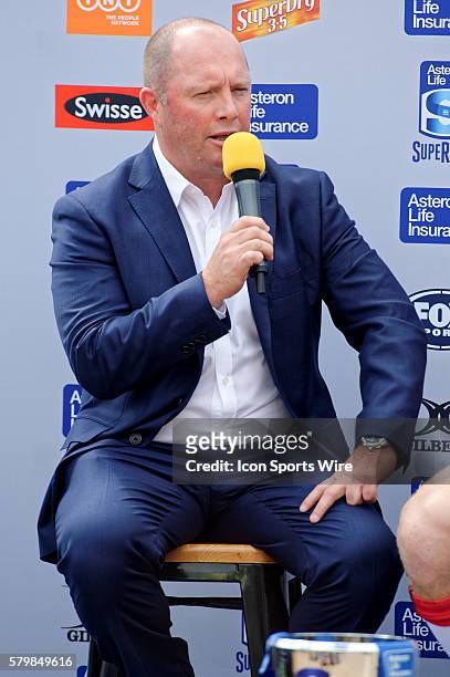 Melbourne Rebels coach Tony McGahan speaks at a Q&A session during the 2016 Asteron Life Super Rugby Media Launch event at Wet'n'Wild Sydney in NSW,...