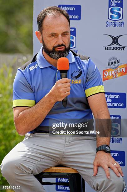 Western Force coach Michael Foley speaks at a Q&A session during the 2016 Asteron Life Super Rugby Media Launch event at Wet'n'Wild Sydney in NSW,...