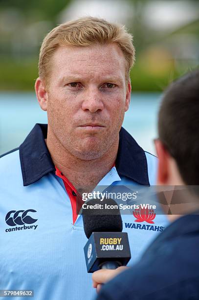 Warathas Under 20s Coach Tim Rapp chats to the media during the 2016 Asteron Life Super Rugby Media Launch event at Wet'n'Wild Sydney in NSW,...