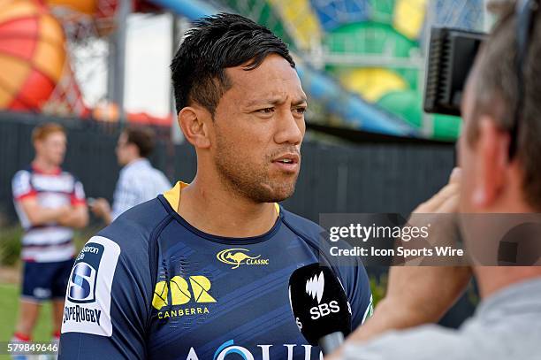 Brumbies player Christian Leali'ifano chats to the media during the 2016 Asteron Life Super Rugby Media Launch event at Wet'n'Wild Sydney in NSW,...