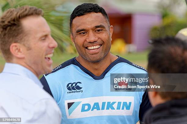 Waratahs player and veteran Wallabies No.8 Wycliff Palu jokes with the media during the 2016 Asteron Life Super Rugby Media Launch event at...