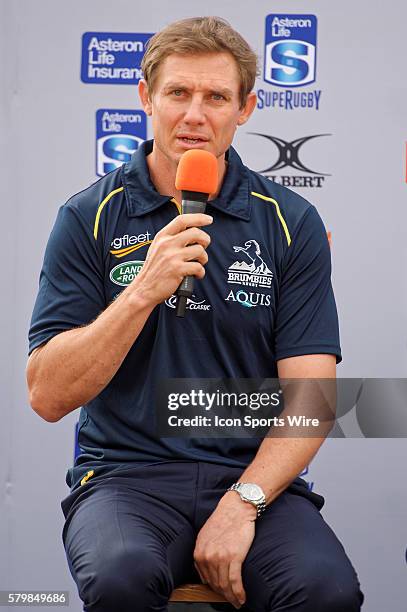 Brumbies coach Stephen Larkham speaks at a Q&A session during the 2016 Asteron Life Super Rugby Media Launch event at Wet'n'Wild Sydney in NSW,...