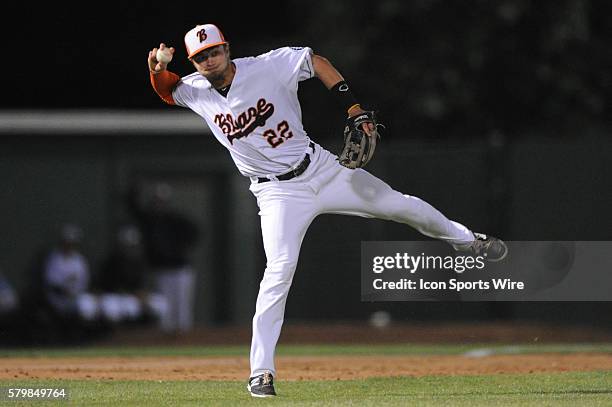 Bakersfield Blaze third baseman Jay Baum makes a throw to first base during the game between Bakersfield Blaze vs High Desert Mavericks at Sam Lynn,...