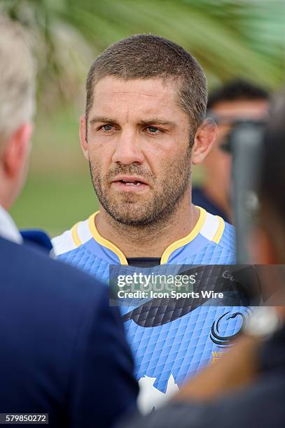Western Force captain Matt Hodgson chats to the media during the 2016 Asteron Life Super Rugby Media Launch event at Wet'n'Wild Sydney in NSW,...