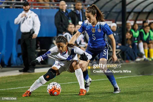 February 2016 - Puerto Rico midfielder Laura Suarez and United States defender Kelley O'Hara during the Olympic Qualifying first round game between...