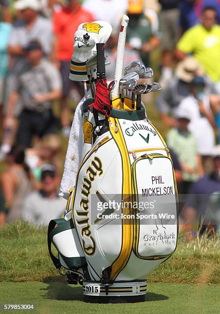 Phil Mickelson's golf bag sits on the tee during round one of the PGA Championship at Whistling Straits in Sheboygan, WI.