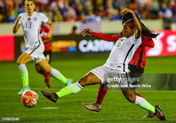 United States Forward Crystal Dunn extends for a second half shot on goal that went wide during the Women's Olympic qualifying soccer match between...