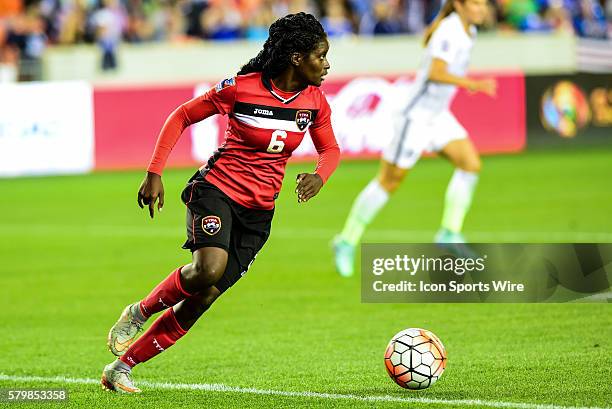 Trinidad & Tobago Midfielder Khadidra Debesette looks to pass during the Women's Olympic qualifying soccer match between USA and Trinidad & Tobago at...