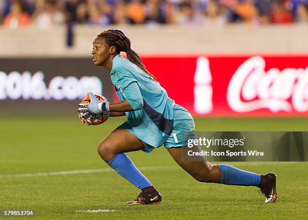 Trinidad & Tobago Goalkeeper Kimika Forbes traps the ball during the Women's Olympic semi-final qualifying match between USA and Trinidad & Tobago at...