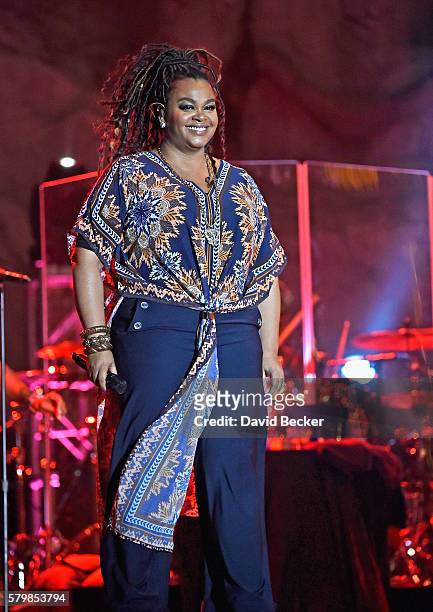 Singer/songwriter Jill Scott performs during the Neighborhood Awards Beach Party at the Mandalay Bay Beach at the Mandalay Bay Resort and Casino on...