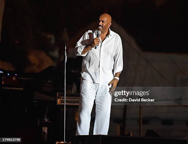 Comedian Steve Harvey speaks during the Neighborhood Awards Beach Party at the Mandalay Bay Beach at the Mandalay Bay Resort and Casino on July 24,...