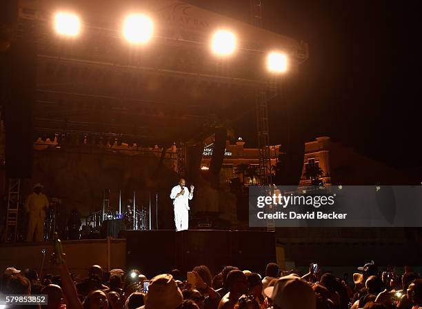 Comedian Steve Harvey speaks during the Neighborhood Awards Beach Party at the Mandalay Bay Beach at the Mandalay Bay Resort and Casino on July 24,...