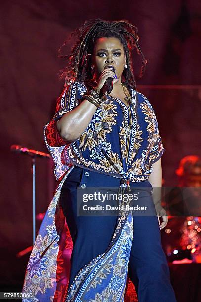 Singer/songwriter Jill Scott performs during the Neighborhood Awards Beach Party at the Mandalay Bay Beach at the Mandalay Bay Resort and Casino on...