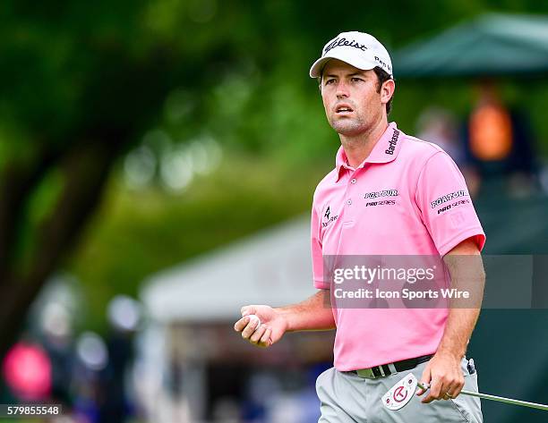 Robert Streb departs the 9th green during final round action of the Crowne Plaza Invitational at Colonial in Ft. Worth, Texas.