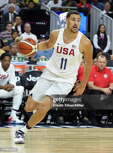 Klay Thompson of the United States drives against Argentina during a USA Basketball showcase exhibition game at T-Mobile Arena on July 22, 2016 in...