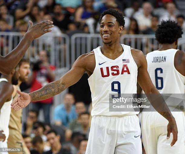 DeMar DeRozan of the United States reacts on the court during a USA Basketball showcase exhibition game against Argentina at T-Mobile Arena on July...