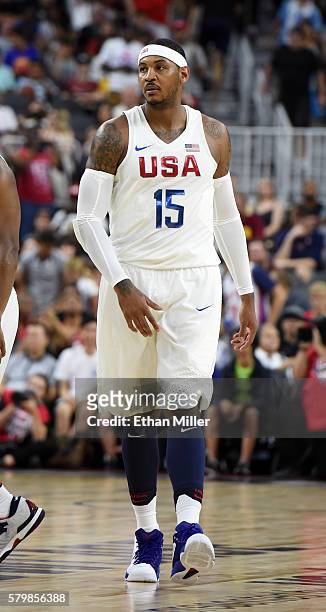 Carmelo Anthony of the United States stands on the court during a USA Basketball showcase exhibition game against Argentina at T-Mobile Arena on July...