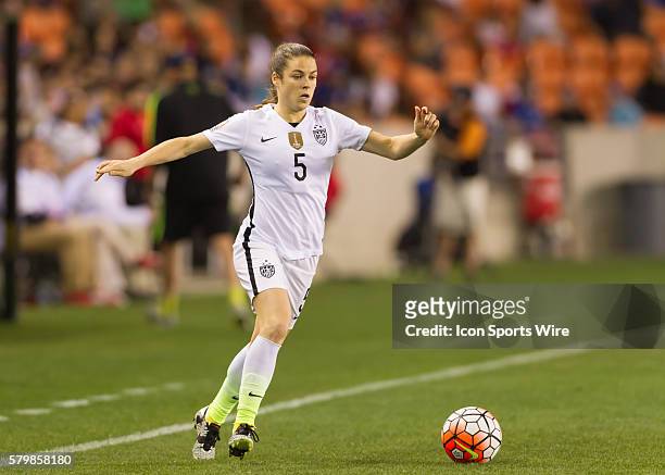 Defender Kelley O'Hara during the Women's Olympic semi-final qualifying match between USA and Trinidad & Tobago at BBVA Compass Stadium in Houston,...