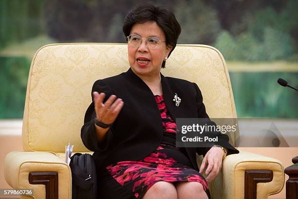 World Health Organization Director-General Margaret Chan speaks during a meeting with Chinese President Xi Jinping , at the Great Hall of the People...