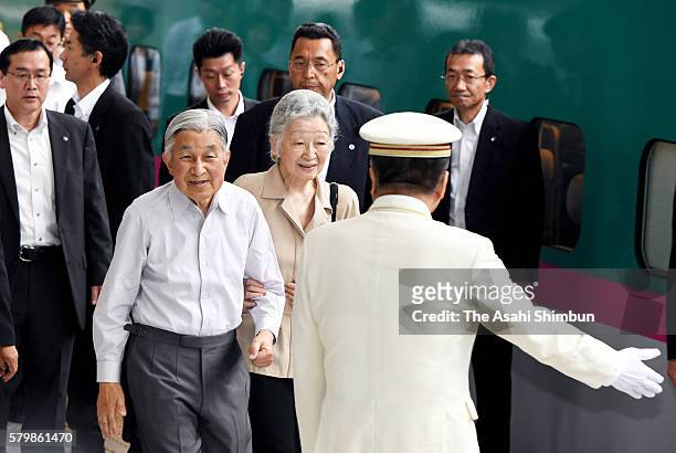 Emperor Akihito and Empress Michiko are seen at Tokyo Station on departure for the Nasu Imperial Villa on July 25, 2016 in Tokyo, Japan.