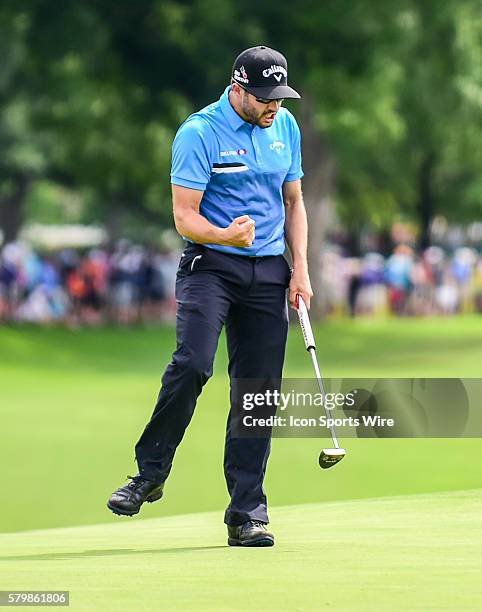 Adam Hadwin reacts to sinking a long putt on during final round action of the Crowne Plaza Invitational at Colonial in Ft. Worth, Texas.