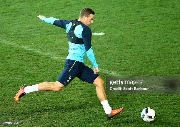 Vincent Janssen of Tottenham Hotspur controls the ball during a Tottenham Hotspur training session at AAMI Park on July 25, 2016 in Melbourne,...