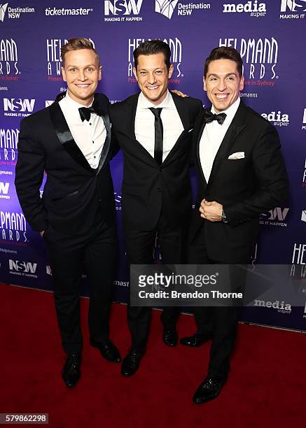 Luke Kennedy, Rob Mills and Michael Falzon arrives ahead of the 16th Annual Helpmann Awards at Lyric Theatre, Star City on July 25, 2016 in Sydney,...