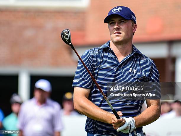 Jordan Spieth watches his tee shot on during final round action of the Crowne Plaza Invitational at Colonial in Ft. Worth, Texas.