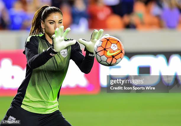 United States Goalkeeper Hope Solo warms up before the Women's Olympic qualifying soccer match between USA and Trinidad & Tobago at BBVA Compass...