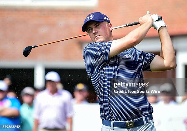 Jordan Spieth tees off on during final round action of the Crowne Plaza Invitational at Colonial in Ft. Worth, Texas.