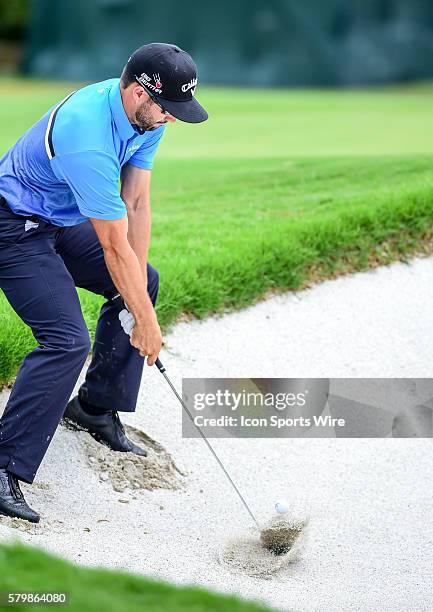 Adam Hadwin chips out of bunker on during final round action of the Crowne Plaza Invitational at Colonial in Ft. Worth, Texas.