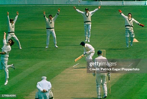 Alan Knott of England is out, caught by Rod Marsh of Australia bowled Dennis Lillee of Australia during the 1st Test match between England and...