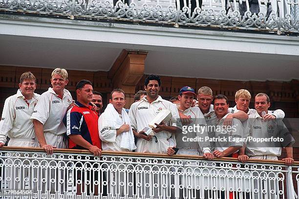 Lancashire captain Wasim Akram with his team on the pavilion balcony after Lancashire won the NatWest Bank Trophy Final between Derbyshire and...