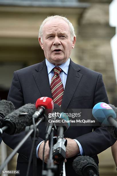 Northern Ireland deputy first minister Martin McGuinness holds a press conference after a meeting with Prime Minister Theresa May at Stormont on July...