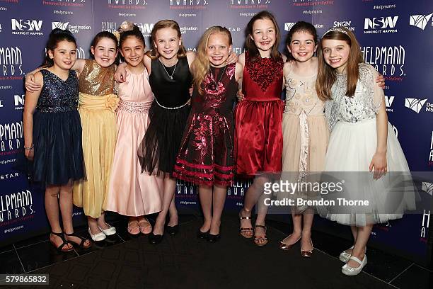 The cast of Matilda pose after winning Best Female Actor in a Musical in the awards room at 16th Annual Helpmann Awards at Lyric Theatre, Star City...
