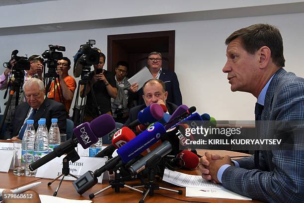 Russia's Olympic Committee president Alexander Zhukov addresses participants at the start of the ROC executive board extraordinary meeting in Moscow...