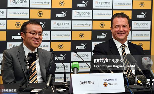 Jeff Shi representative of Fosun and Jez Moxey CEO of Wolverhampton Wanderers attend a press conference to announce the takeover of Wolverhampton...