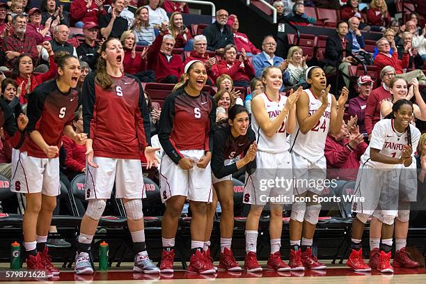 Stanford Cardinal players cheer from the bench during the game between the Stanford Cardinal and the Utah Utes at Maples Pavilion in Stanford,...