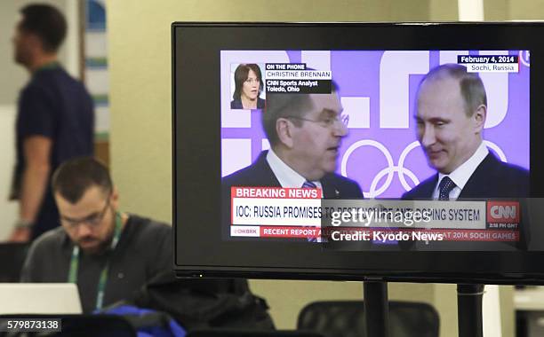 Monitor at the main press center for the upcoming Rio de Janeiro Olympics reports on July 24 the decision of the International Olympic Committee not...