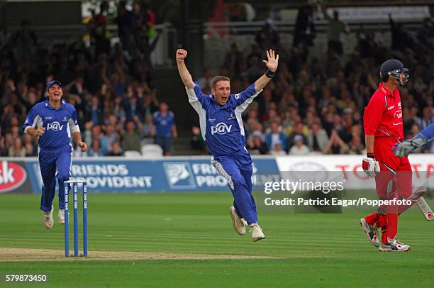 James Kirtley of Sussex gets Mal Loye of Lancashire out LBW during the Cheltenham & Gloucester Trophy Final between Lancashire and Sussex at Lord's...